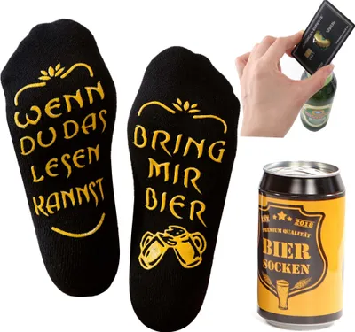 Produktbild von Männer Geschenk Bring mir Bier Socken mit Edelstahl Flaschenöffner Karte Schwarz