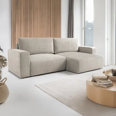 Produktbild von Ecksofa MIA, Wohnzimmer, modernes Schlafsofa Sofa 4-Sitzer Sofa freistehendes Polstersofa Bettkasten 247 cm universelle Ottomane Beige Poso 02