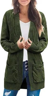 Produktbild von ASKSA Damen Langarm Strickjacke Mittellange Elegant Mantel Open Front Zopfstrick Sweater mit Taschen, Grün, L