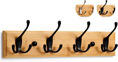 Produktbild von Wandgarderobe aus Holz – 4 Dreifachhaken in Schwarz – 42 cm – Wandgarderobe für Eingangsbereich, Schlafzimmer, Badezimmer und Ankleidezimmer