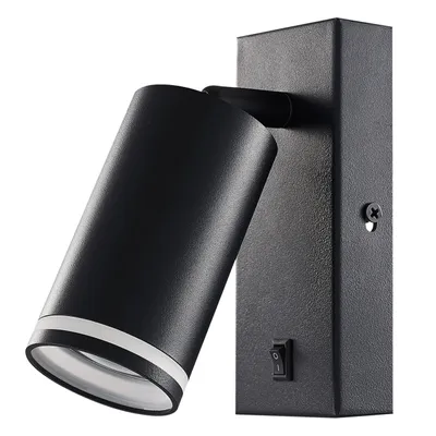A black wall lamp with a swiveling spotlight is shown against a white background.