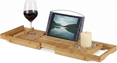 Immagine prodotto di Tavolo da bagno in bambù - Estensibile - Portaoggetti per bicchieri - Porta libri - 19 x 107,5 x 23 cm - Panca da bagno - Naturale