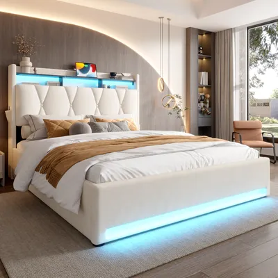 A modern bedroom with a bed as the focal point, illuminated by blue LED lights.