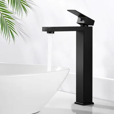 Produktbild von Unyqoos® Waschtischarmatur hoch 295 mm – matt schwarz, eckiges Design, SUS304 Edelstahl, Einhebelmischer mit Keramikkartusche, G 3/8 Anschlüsse