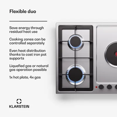 Zdjęcie produktu dla Klarstein Płyta elektryczna i gazowa, podwójna – gazowa i elektryczna, odpowiednia do gazu płynnego i ziemnego, żeliwna, zabezpieczenie przed wygaśnięciem płomienia – płyta indukcyjna, piekarnik, kuchenka gazowa