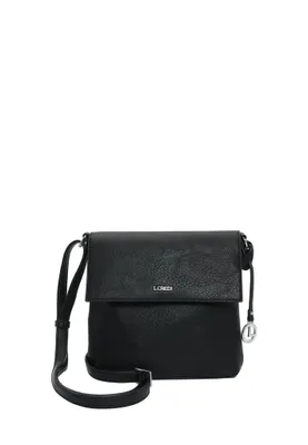 A black L.CREDI crossbody bag is shown against a white background.