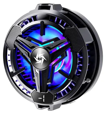 A close-up, studio shot of a circular electronic cooling fan with blue and purple LED lights.