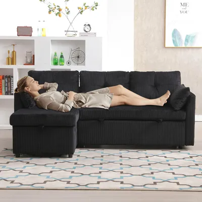 Produktbild von Modulares Schlafsofa L-Form Stauraum Ausziehbett Cord 206x108x66 cm schwarz