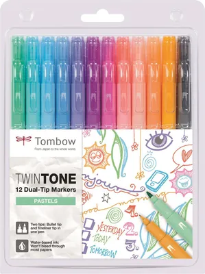 Produktbild von Tombow TwinTone Pastels, 12 Stück(e), Schwarz, Blau, Braun, Cyan, Grün, Orange, Pink, Rot, Violett, Gelb, Feine/ runde Spitze, Mehrfarbig, Rund, Sichtverpackung