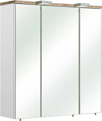 Produktbild von Badezimmer Spiegelschrank DOVER-66 in Weiß Glanz mit 3D Kante in Riviera Eiche Nb., B/H/T: ca. 65/70/20 cm