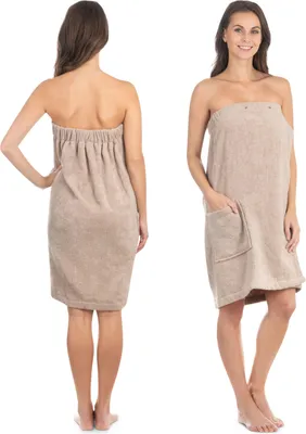 Two views of a woman wearing a beige towel wrap.