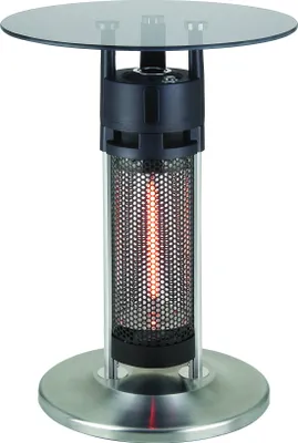 A patio heater with a glass tabletop, shown on a white background.