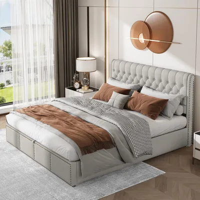 Produktbild von MODFU Polsterbett 180 x 200 aus Baumwolle-Leinen,Doppelbett mit 102,5 cm hohem Kopfteil und Nietenverzierung,Hydraulisches Bett mit Matratze,Jugendbett mit Stauraum,Hellgrau
