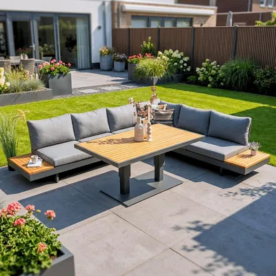 Produktbild von Gartenlounge Monte Carlo Ecksofa mit verstellbarem Tisch, Eck-Gartenmöbelset für 6 Personen, Aluminium/Holz