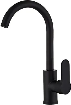 A black kitchen faucet is shown against a white background.