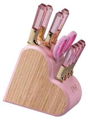 Produktbild von Paris Hilton 10-teiliges Messerblock-Set in Herz-Form  Elegante goldene Klingen und Diamantgriffe für die moderne Küche