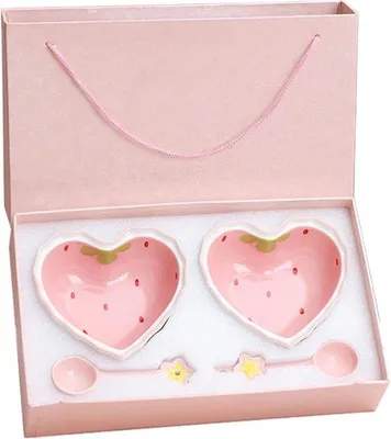 Produktbild von Famanu Salatschüssel mit Löffel Erdbeerherz - Rosa Keramische Schüssel - Set von 2