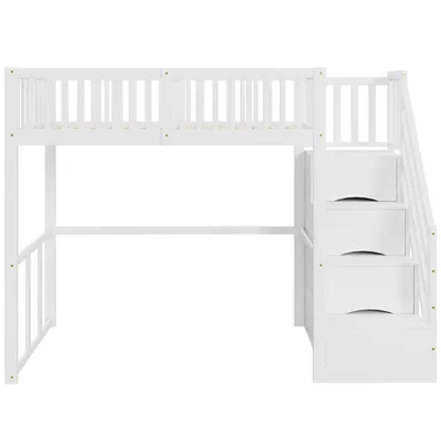 Produktbild von Flieks Etagenbett 90x200cm mit Rausfallschutz, Kinderbett mit Treppe, Hochbett mit Schubalden und Regal, Holzbett Stockbett Einzelbett, Weiß