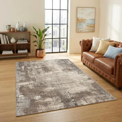 Image de Tapis design beige et gris, style vintage, moderne et élégant, pour le salon, dimensions : 80 cm (rond)