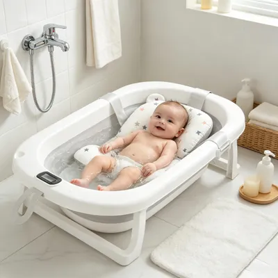 Produktbild von Faltbare Babybadewanne mit rutschfestem Badekissen,Badewanne XXL mit Thermometer,Kinderbadewanne mit Abflussloch für 0-24 Monate (Grau)