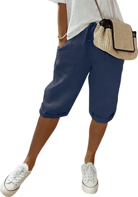 Image de ASKSA Femmes Pantalon d'été en lin Aérien Taille haute Capri Pantalon décontracté Elastique Pantalon de plage Court, Marine, Taille : XL