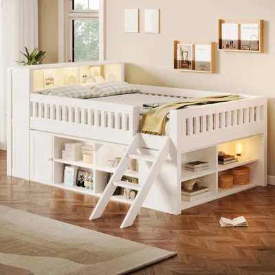 Productafbeelding van Verhoogd bed 140x200 cm met LED, open opbergvakken, kastvak met deur, ladder en veiligheidsrand, wit