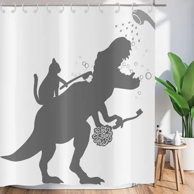 Produktbild von Badevorhang mit Dinosaurier und Katze - 180 x 200 cm - Wasserfest und Waschbarer Textil
