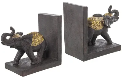 Produktbild von Buchstützen mit Elefanten aus Kunstharz in Braun und Gold, 36 x 10 x 15 cm
