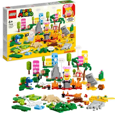 A LEGO Super Mario Kreativbox (Leveldesigner-Set) is shown, with the box in the background and the contents spread out in the foreground.