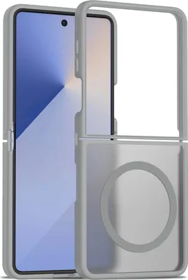 A gray flip phone case with a transparent matte back is shown, with the phone inside.