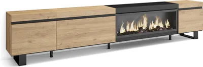 Produktbild von TV-Schrank, Lowboard, 288x35x57 cm, Für großformatiges TV, Elektrokamin XXL, Industriedesign, Eiche Schwarz