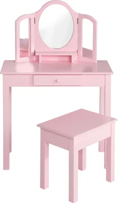 A pink children's vanity table and stool set against a white background.