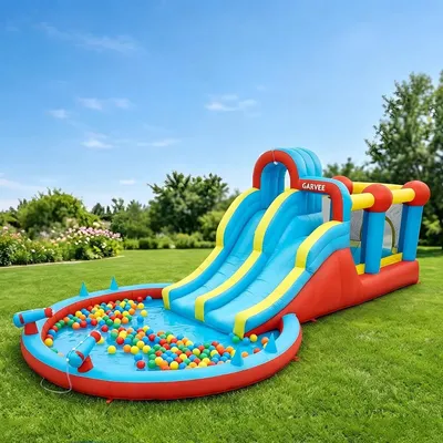 Produktbild von Aufblasbarer Wasserrutschenpark 23FT Hüpfburg Kinder Rutsche Sprinkler Kletterwand Pool Garten
