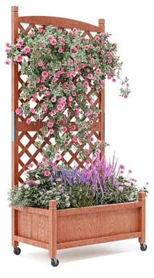 Produktbild von Holz Hochbeet - Erhöhtes Pflanzgefäß mit Rankgitter - Vertikaler Blumenkasten mit Rollen - Mit Drainagelöchern - 60x60x30 cm