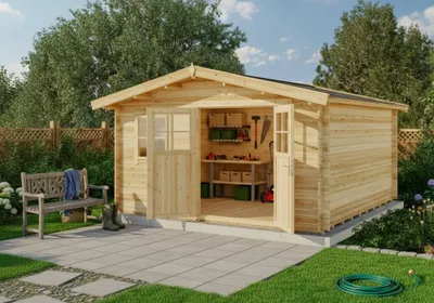 Produktbild von Alpholz Gartenhaus Set Valeria-28 Imprägniert Pinie 428x427cm inkl. Dacheindeckung und Fußboden