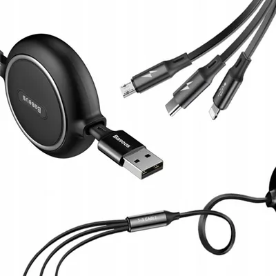 Immagine prodotto di Cavo elastico di ricarica e sincronizzazione USB Baseus Golden Loop 3 in 1, 1,2 m, 3,5 A - Nero