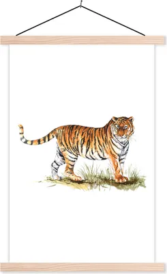 Produktbild von MuchoWow® Textilposter Tiger - Weiß - Bild 120x180 cm mit holzfarbenen Rahmen - Textil-Plakat