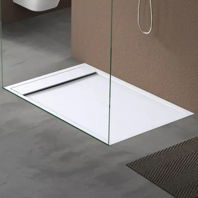 Produktbild von doporro Duschtasse Duschwanne 80x120x3cm aus Mineralguss in Weiß Rechteckig DIN-Anschlüsse für bodenebene Montage geeignet inkl. Ablaufgarnitur AL06 Geoma10