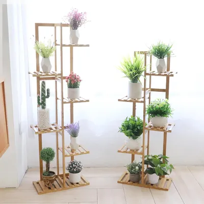 Image de Support à plantes en bambou - Étagère à fleurs carrée - 6 niveaux - Pour intérieur et extérieur - Capacité de charge jusqu'à 45 kg - Bois naturel