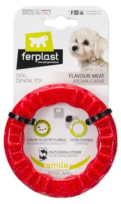 Produktbild von Ferplast Gioco Cane, Anello Dispenser Crocchette Cani, in Materiale Durevole da Masticare, Aroma Carne, per Igiene Dentale, SMILE Anello Fitness, Gioc
