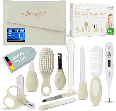 Produktbild von Pflegeset für Neugeborene (Creme) - 11-teiliges Set für Neugeborene mit hochwertiger Baby-Nagelschere, Fieberthermometer, Bürste und mehr