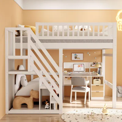 Produktbild von okwish Kinderbett 140x200 mit Matratze,Jugendbett mit Treppe und Aufbewahrungsschrank, holzbett mit Sicherheitszaun,weiß
