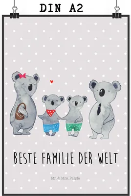 Produktbild von Mr. & Mrs. Panda Bild Koala Familie zwei DIN A2 - Grau Pastell - Geschenk, Muttertag, Wanddekoration, wanddeko, Wandbild, Koalabär, Designposter, drucke