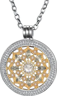Produktbild von Morella Damen Halskette 70 cm Edelstahl und Zirkonia Anhänger mit Coin Blüte Zirkonia gold 33 mm im Schmuckbeutel