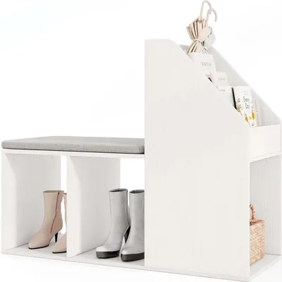 Produktbild von Schuhbank - Flurbank mit Schuhregal - Seitlicher Stauraum - Abnehmbares Sitzkissen - Für Flur & Wohnzimmer - Weiß