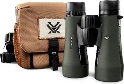 A pair of green Vortex binoculars and a tan carrying case are displayed against a white background.