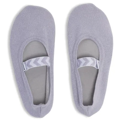 A pair of light gray children's indoor gym shoes with white chevron straps.