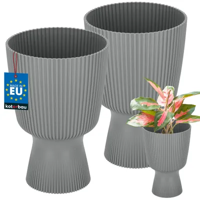 Image de KOTARBAU® - Lot de 2 pots de fleurs, diamètre 14 cm, pots pour orchidées, pots de décoration pour plantes d'intérieur, pots de fleurs avec base, à nervures, en forme de calice, en plastique, gris