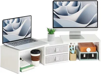 Obrázok produktu pre Nástenný držiak pre 2 monitory – biele drevo – stojan na monitory s úložným priestorom