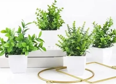 Immagine prodotto di Set di 4 piccole piante artificiali per uso interno, fiori artificiali verdi in vaso, piante artificiali decorative per la casa, l'ufficio, il giardino, la terrazza, il balcone, la decorazione interna ed esterna